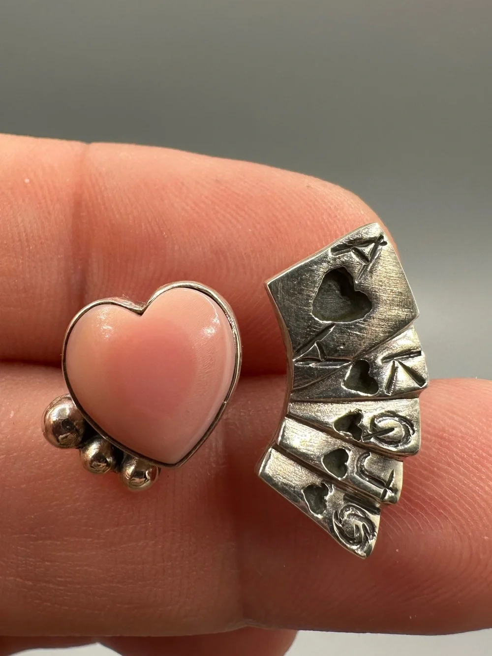 Pink Conch Sterling Silver 925 Adjustable Poker Cards Heart Ring Handmade